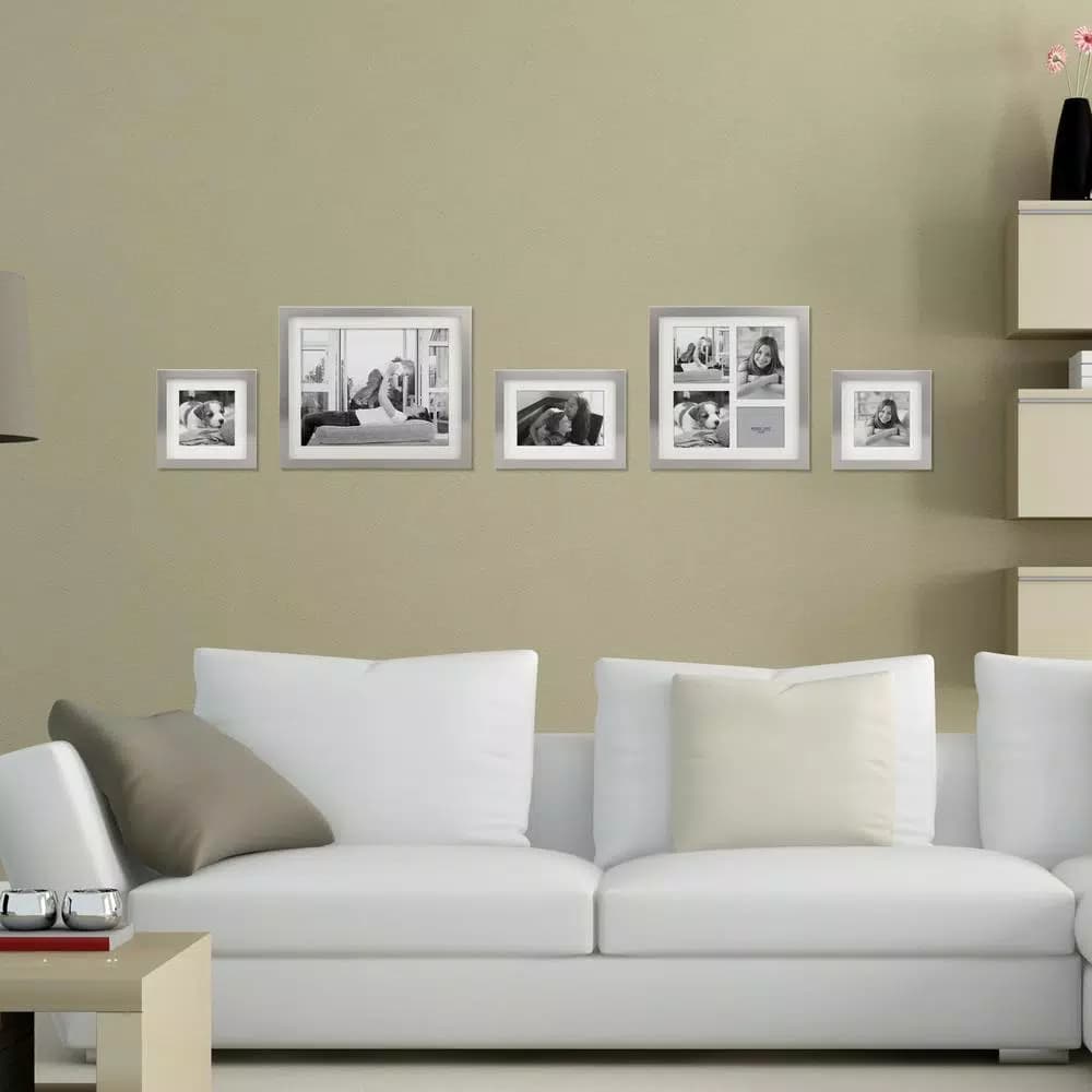 Stonebriar Collection Silver Metal Shadow Box Picture Frame Set, 5-Piece Gallery Wall Decor with White Mats