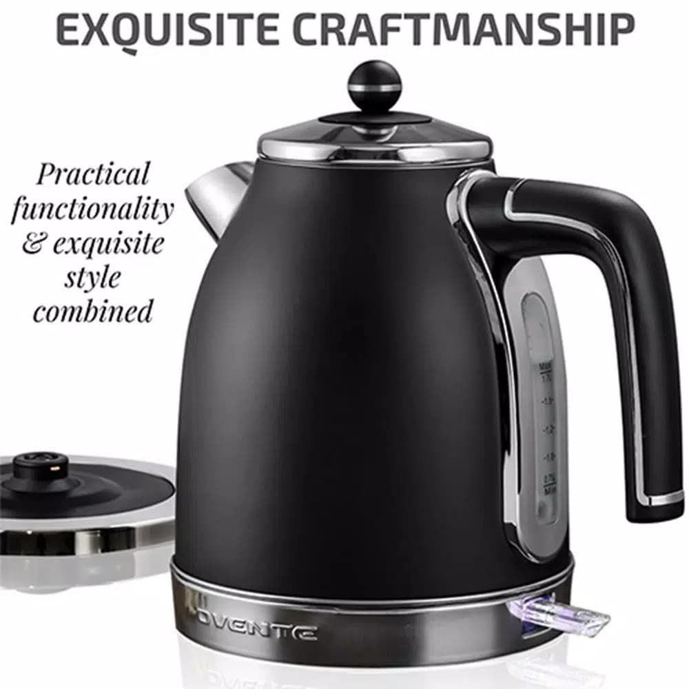 Ovente KS777 1.7L Black Stainless Steel Electric Kettle, 1500W Fast Boil with Auto Shut-Off