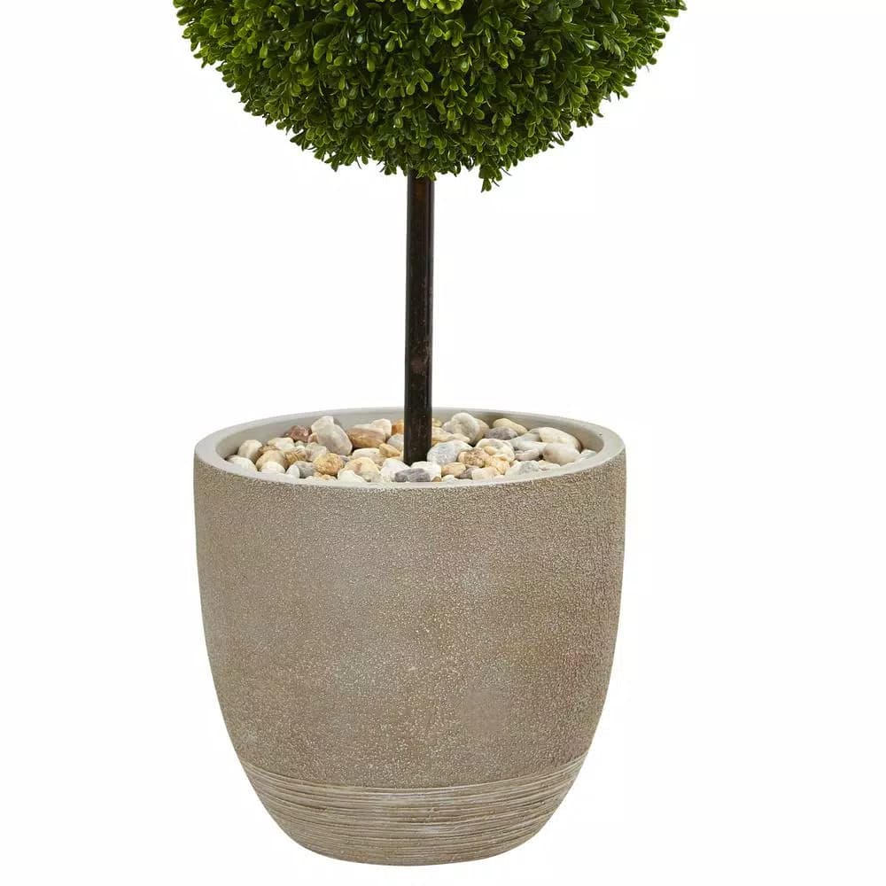 Nearly Natural 4 ft. Artificial Boxwood Double Ball Topiary Tree in Sand Oval Planter