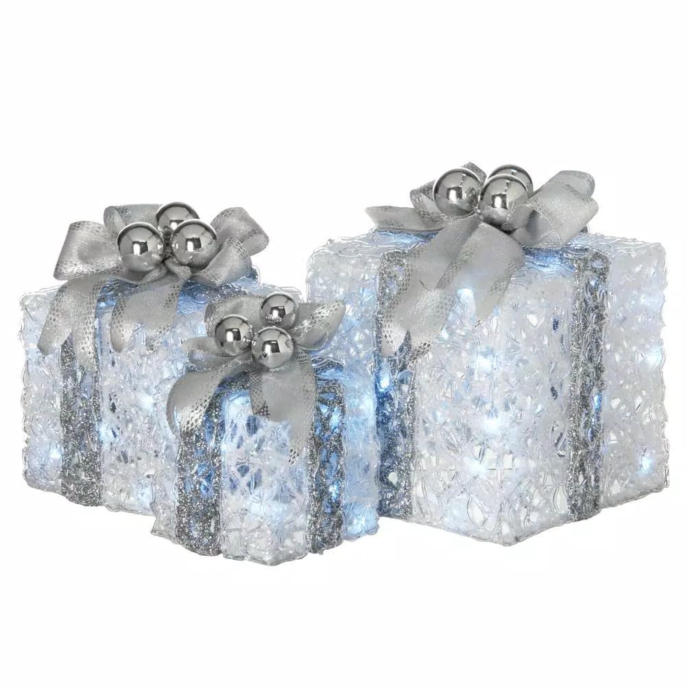 National Tree Company 3-Piece Glittered White Pre-Lit Gift Box Holiday Decoration Set with 70 Cool White LED Lights
