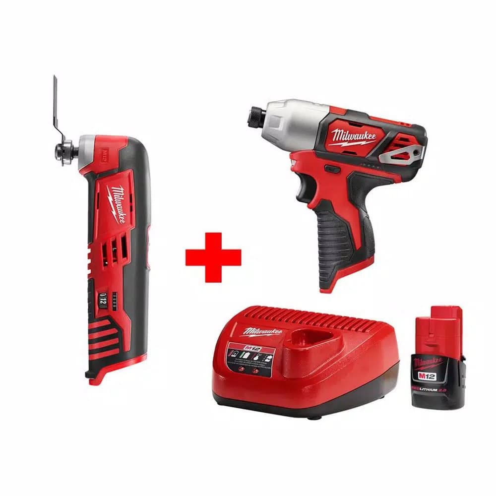Milwaukee M12 12V Lithium-Ion Cordless 1/4 in. Hex Impact and Multi-Tool Combo Kit with 2.0Ah Battery and Charger