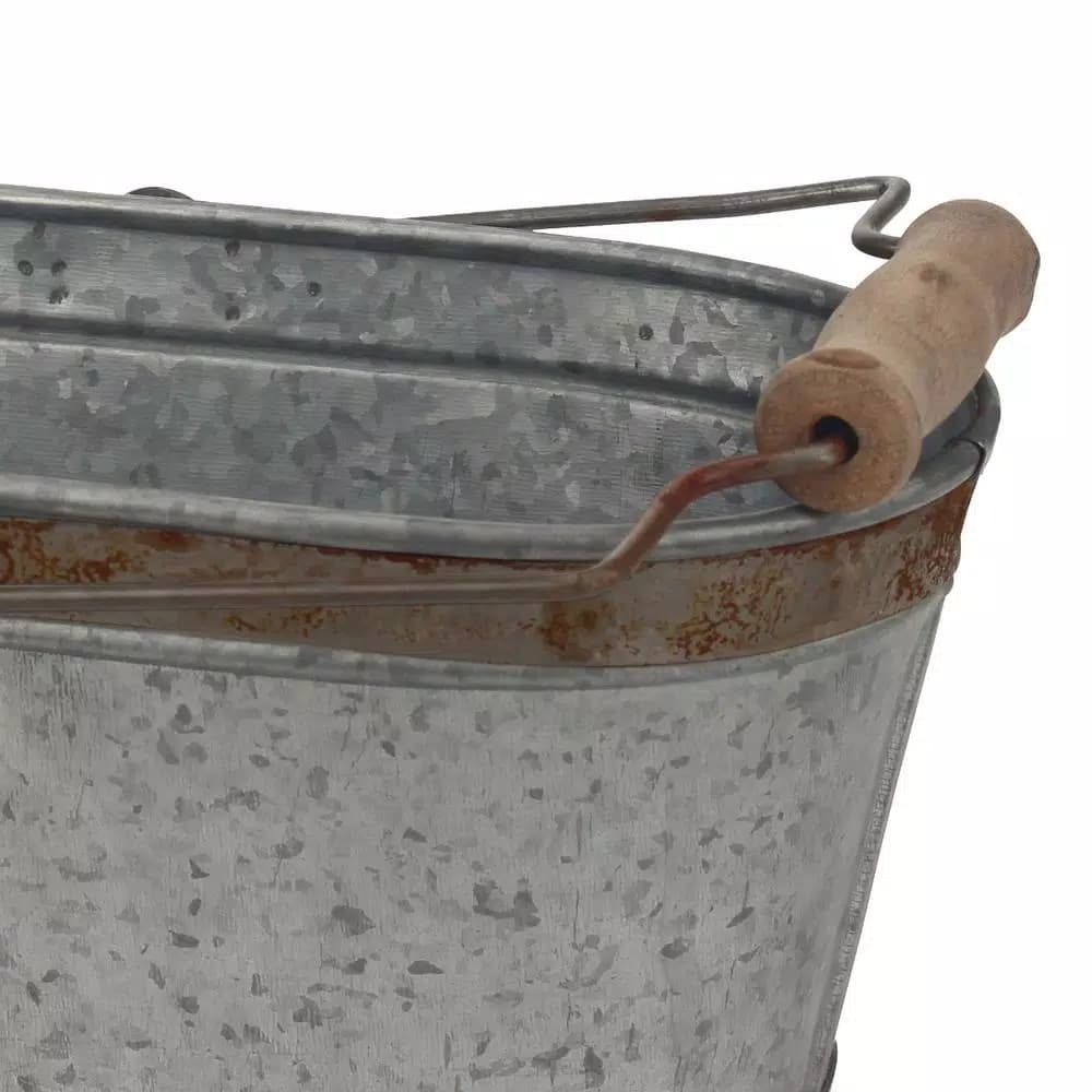 Stonebriar Collection 12 in. Galvanized Metal Decorative Bucket with Rust Trim and Wooden Detail Handle