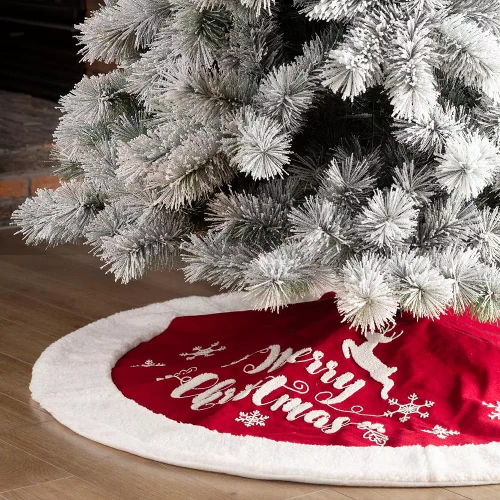 Glitzhome 48 in. Merry Christmas Fabric Tree Skirt with Reindeer and Snowflake Pattern