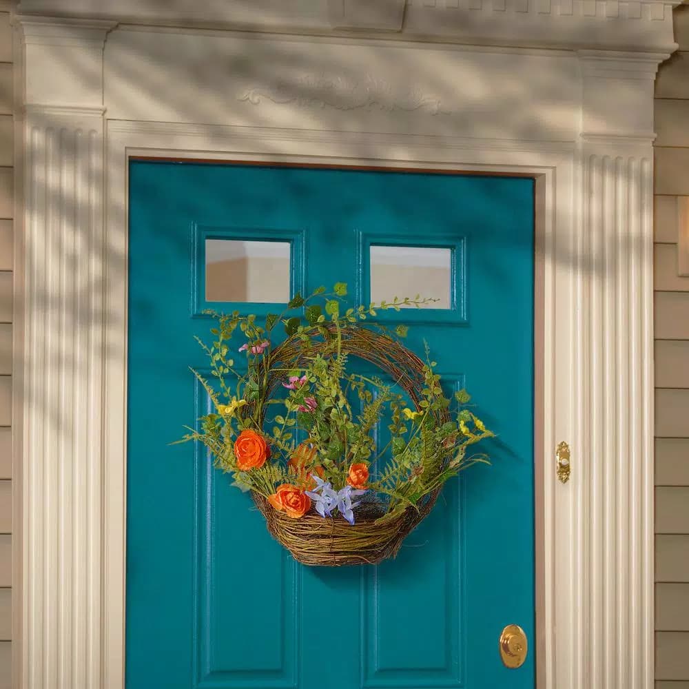 National Tree Company 16 in. Spring Wreath with Woven Branch Twig Half Basket and Mixed Flowers