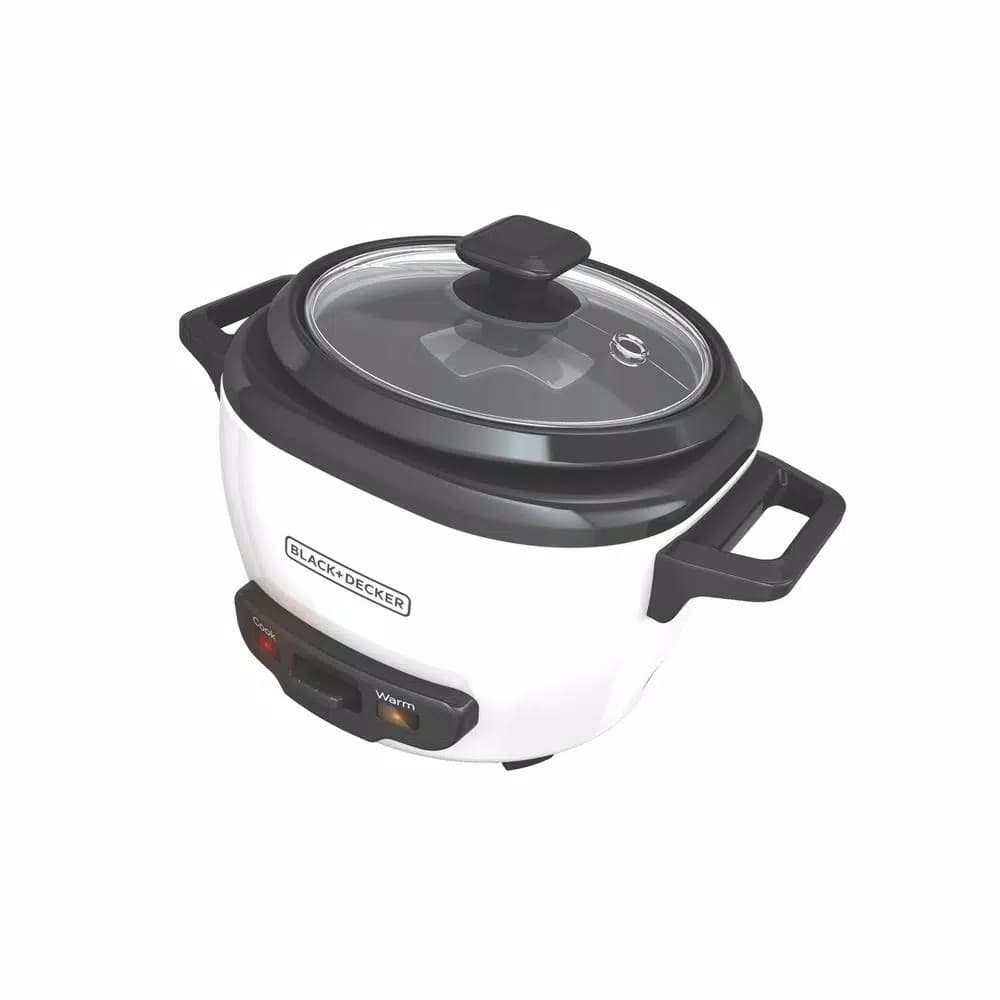 BLACK+DECKER 3-Cup White Electric Rice Cooker with Steaming Basket and Non-Stick Pot