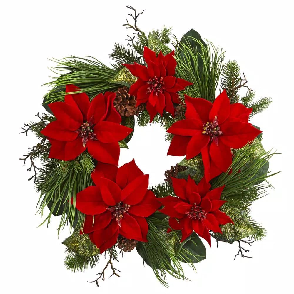 Nearly Natural 28 in. Red Poinsettia and Pine Holiday Wreath