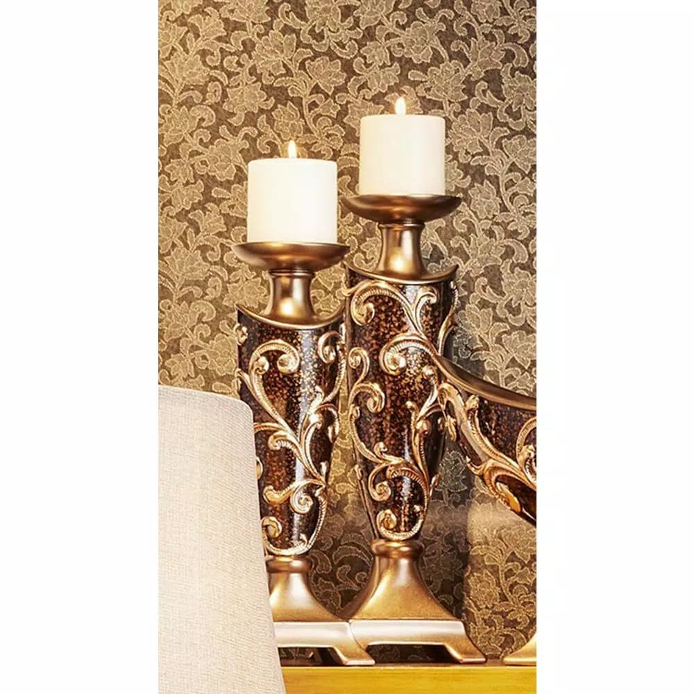 Unbranded Odysseus Baroque Pillar Candle Holder Set of 2, 14 in. and 16 in., Brown and Gold Floral Filigree