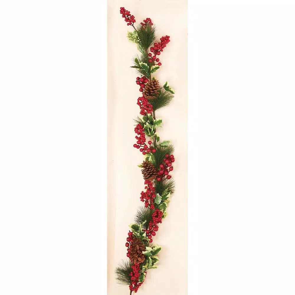Unbranded 5 ft. Weatherproof Holly and Pine Berry Garland, Artificial Traditional Holiday Decor