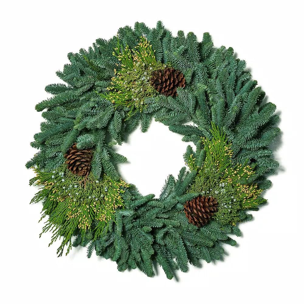 VAN ZYVERDEN 24 in. Fresh Cut Pacific Northwest Mixed Christmas Wreath with Noble Fir, Cedar, Juniper, and Pine Cones