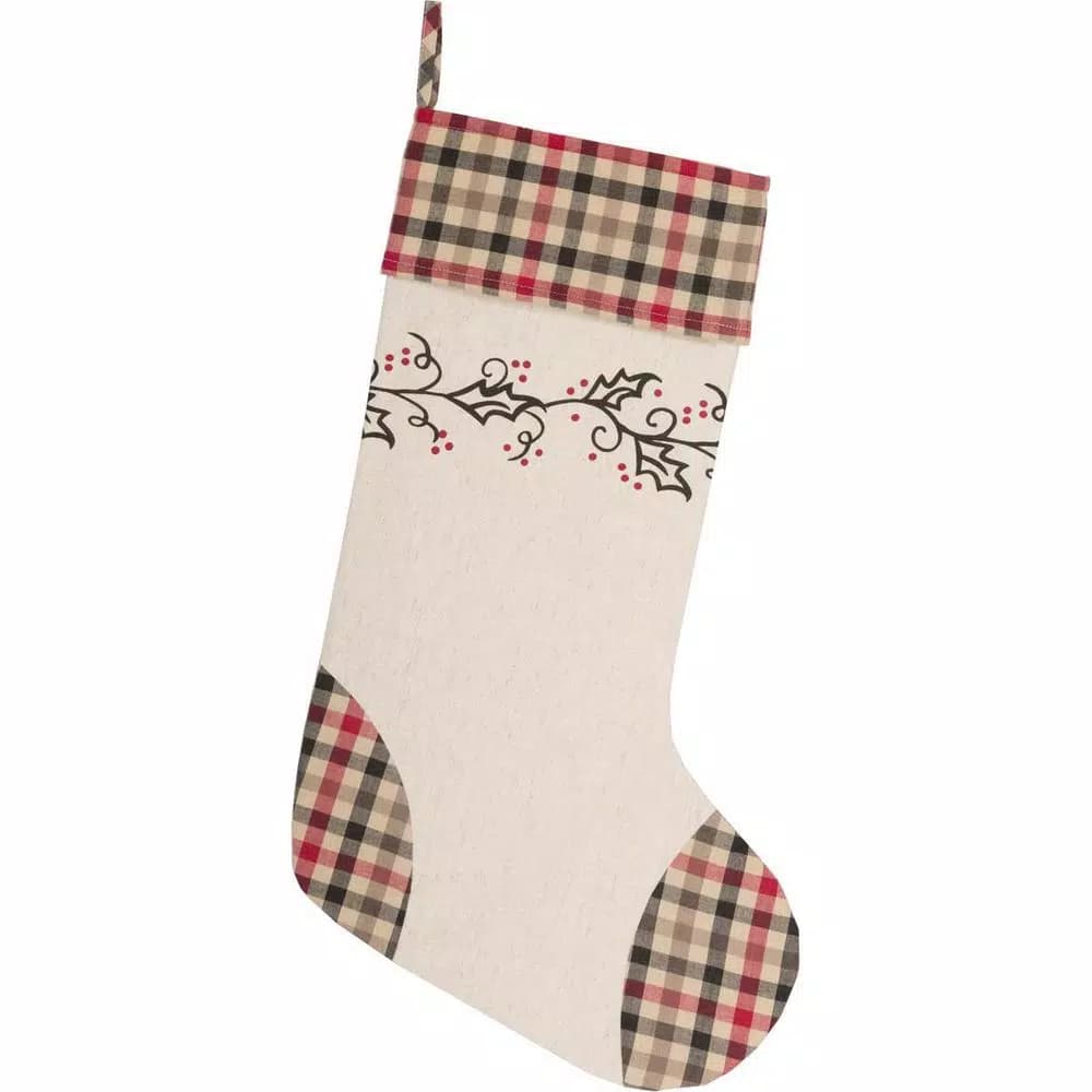 VHC Brands Hollis 20 in. Ivory White Farmhouse Christmas Stenciled Stocking with Holly Berry Accents