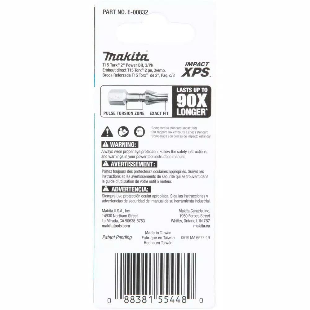 Makita ImpactXPS T15 Torx 2 in. Power Bits, 3-Pack