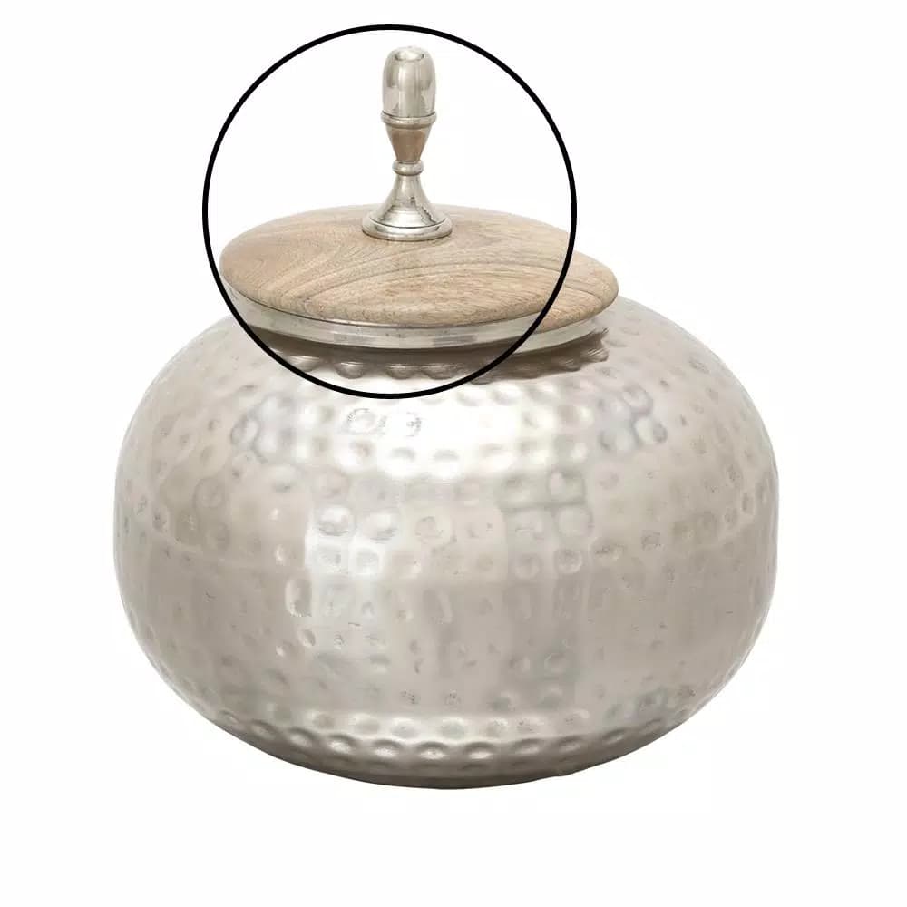 LITTON LANE 12 in. Silver Dimpled Iron Urn-Type Round Jar with Oak Brown Wood Lid