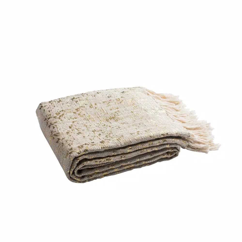 Safavieh Peppin Natural and Gold Geometric Cotton Throw Blanket with Fringe