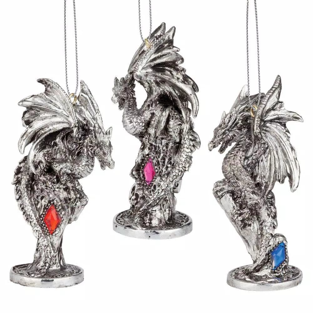 Design Toscano Three Dragons of the Amesbury Holiday Gemstone Ornament Set, 3-Piece Silver Resin