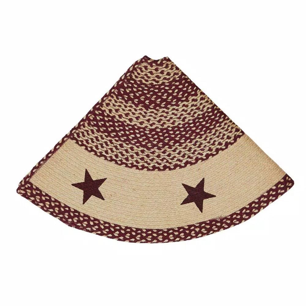 VHC Brands 48 in. Burgundy and Tan Jute Star Stenciled Tree Skirt - Primitive Country Decor
