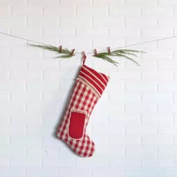 VHC Brands 20 in. Gretchen Cherry Red and Cream Check Cotton Farmhouse Christmas Stocking thumbnail 3