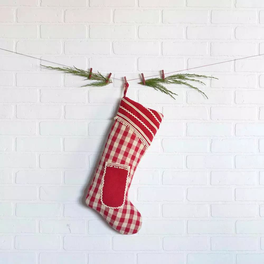 VHC Brands 20 in. Gretchen Cherry Red and Cream Check Cotton Farmhouse Christmas Stocking