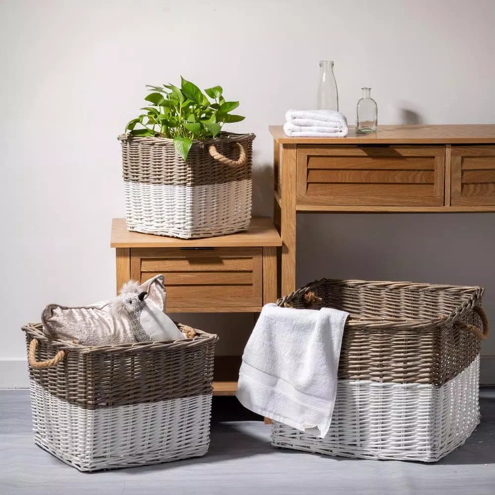 Glitzhome Natural White Square Wicker Willow Baskets, Set of 3 with Rope Handles