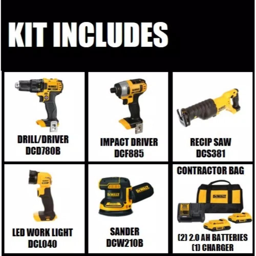 DEWALT 20V MAX Cordless 5-Tool Combo Kit with (2) 2.0 Ah Batteries & 5 in. Random Orbital Sander