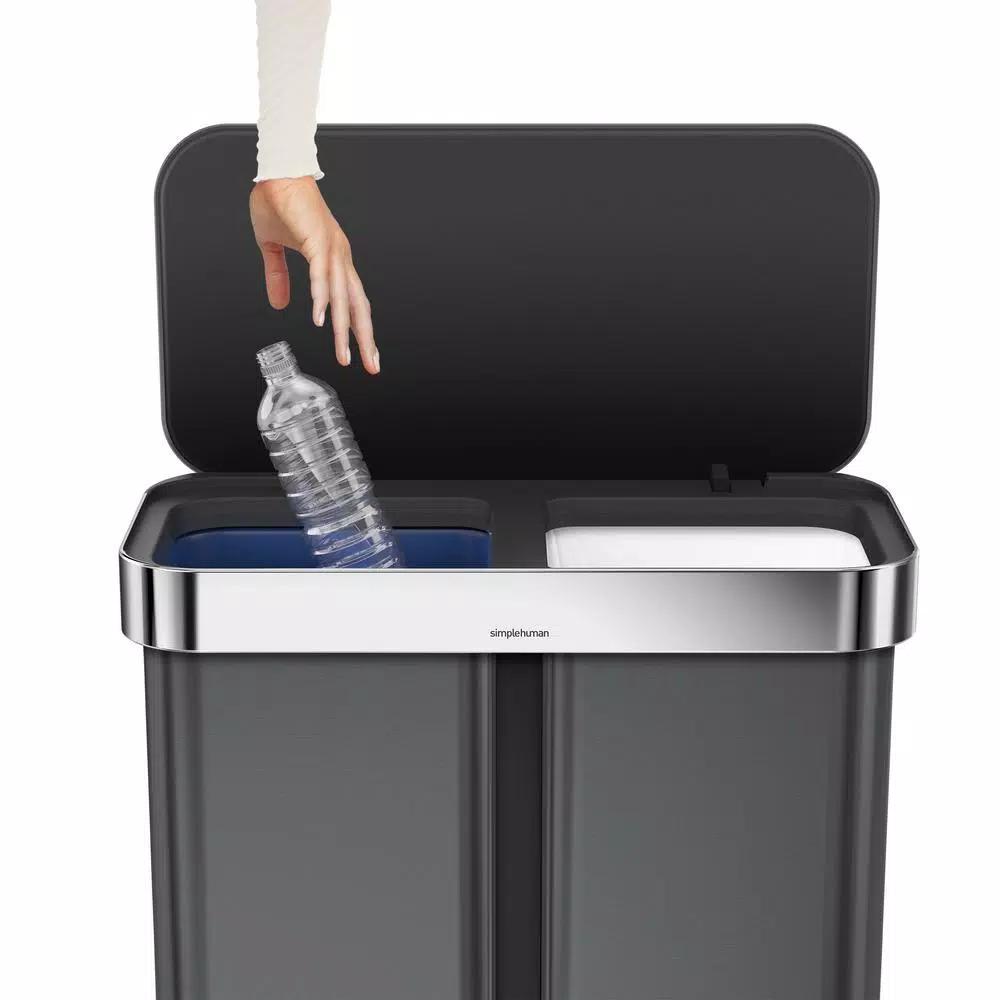 simplehuman 58L Black Stainless Steel Dual Compartment Rectangular Step-On Recycling Trash Can