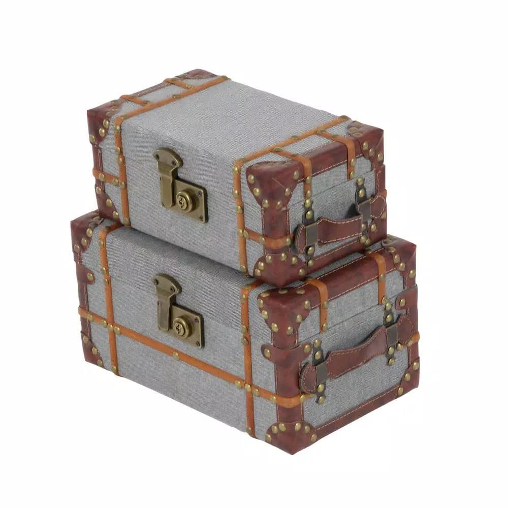 LITTON LANE Globetrotter Wood and Gray Burlap Fabric Decorative Storage Boxes with Leather Accents, Set of 2