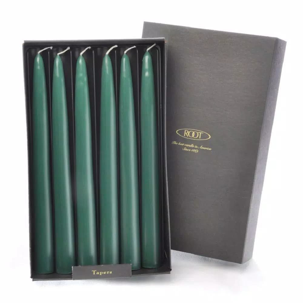 ROOT CANDLES A.I. Root 9 in. Dark Green Dipped Taper Dinner Candles, Beeswax Enriched, Box of 12
