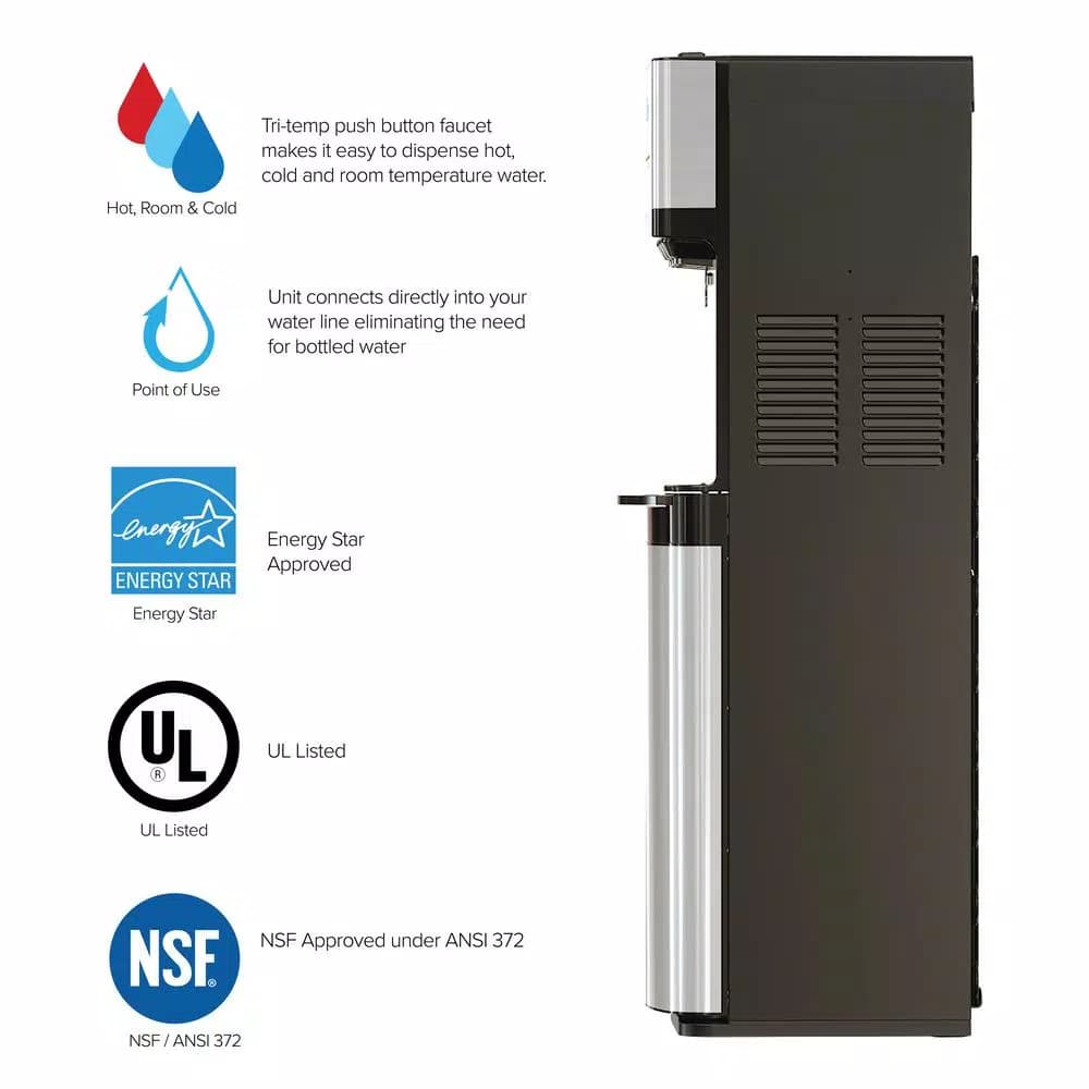Brio Tri-Temp 2-Stage Bottleless Water Cooler with UV Self-Cleaning and Filtration, Stainless Steel
