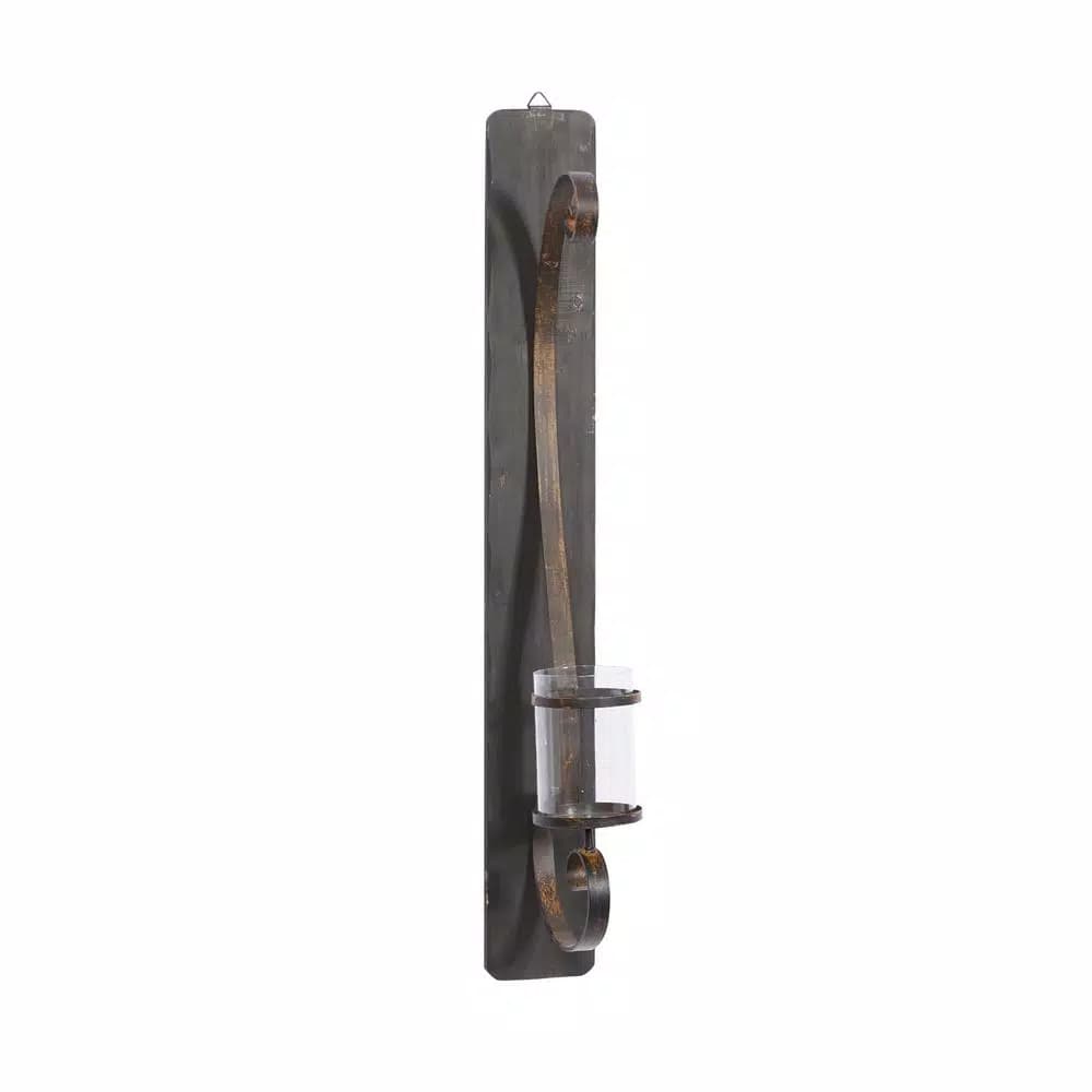 LITTON LANE 36 in. Scrolled Wrought Iron Wall Sconce Candle Holder with Glass Hurricane, Deep Bronze
