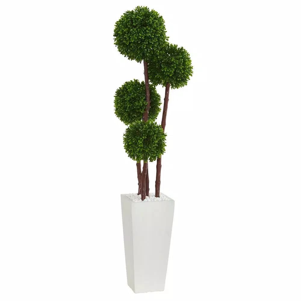 Nearly Natural 48 in. UV Resistant Artificial Boxwood Four Tier Topiary Tree in White Clay Planter