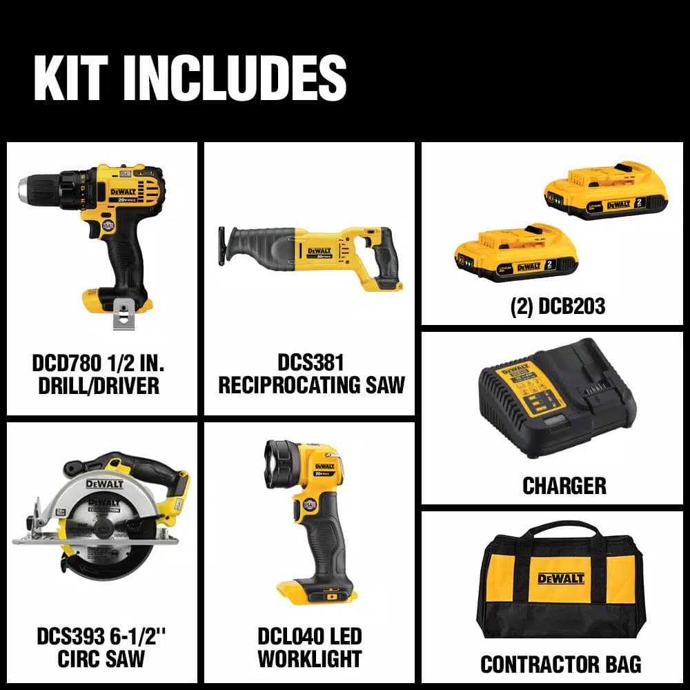 DEWALT 20V MAX Cordless 4-Tool Combo Kit with (2) 2.0 Ah Batteries & Charger