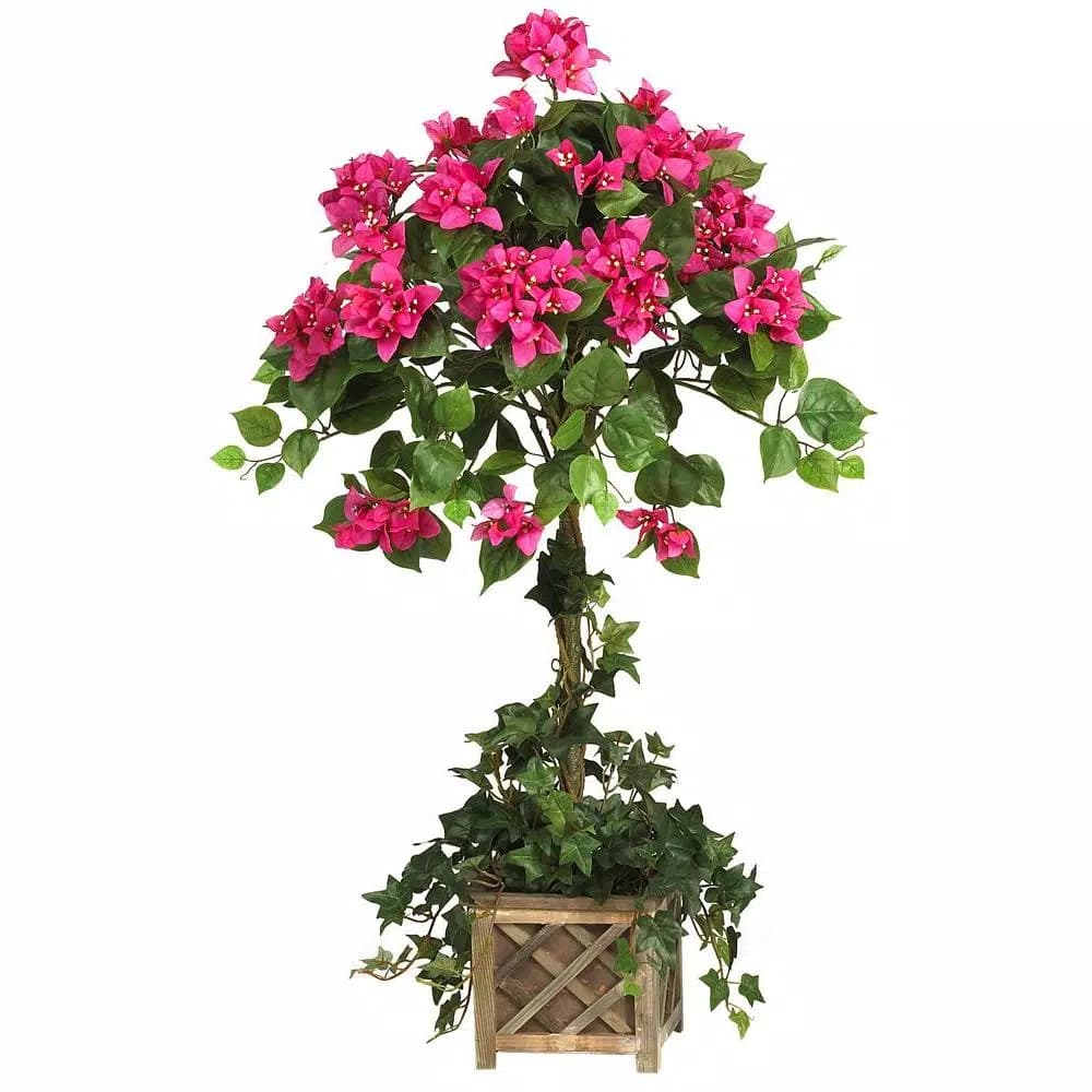 Nearly Natural 34 in. Pink Bougainvillea Silk Topiary Plant with Rustic Wood Box