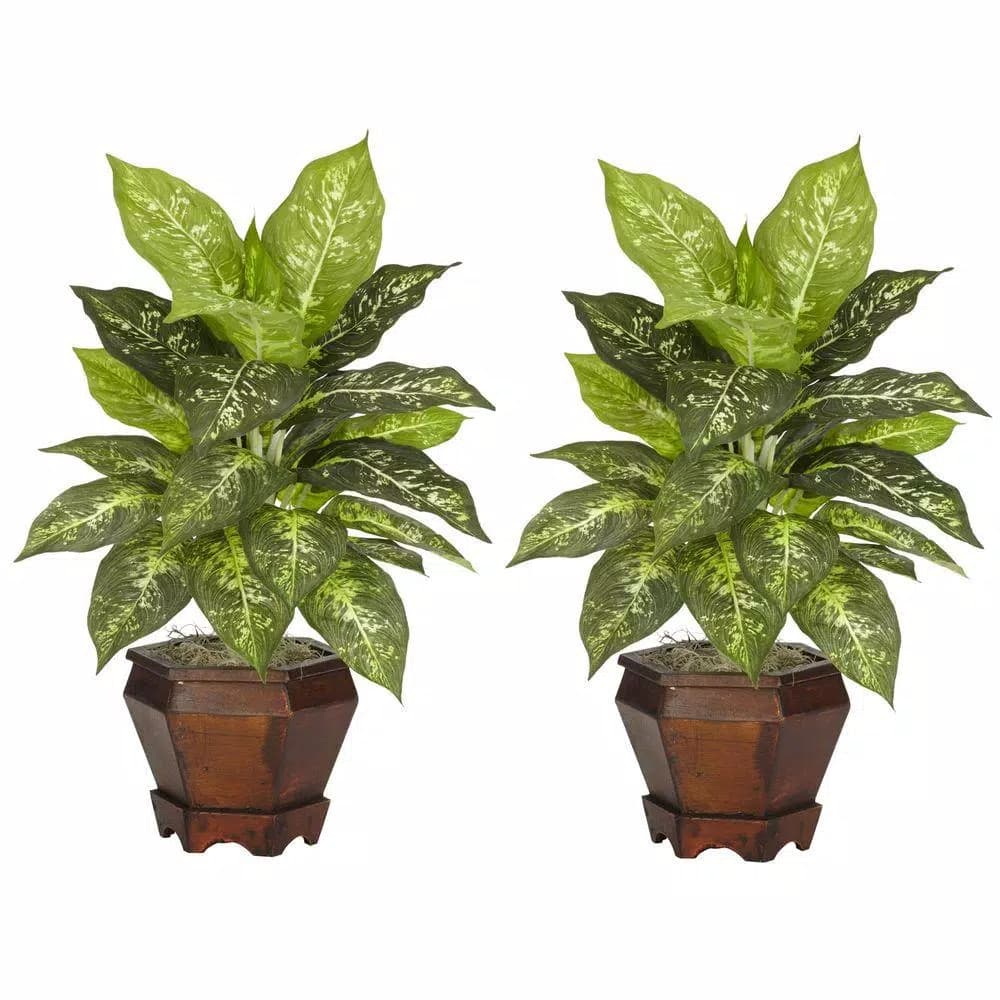 Nearly Natural 20.5 in. Green Dieffenbachia Silk Plant with Wood Vase Set of 2