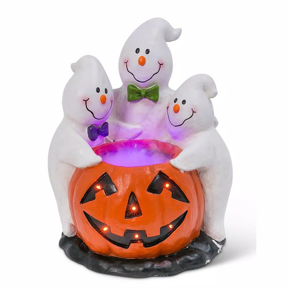 Gerson 22.24 in. Magnesium Electric Smoking Jack-O-Lantern with Ghostly Trio Halloween Tabletop Decor