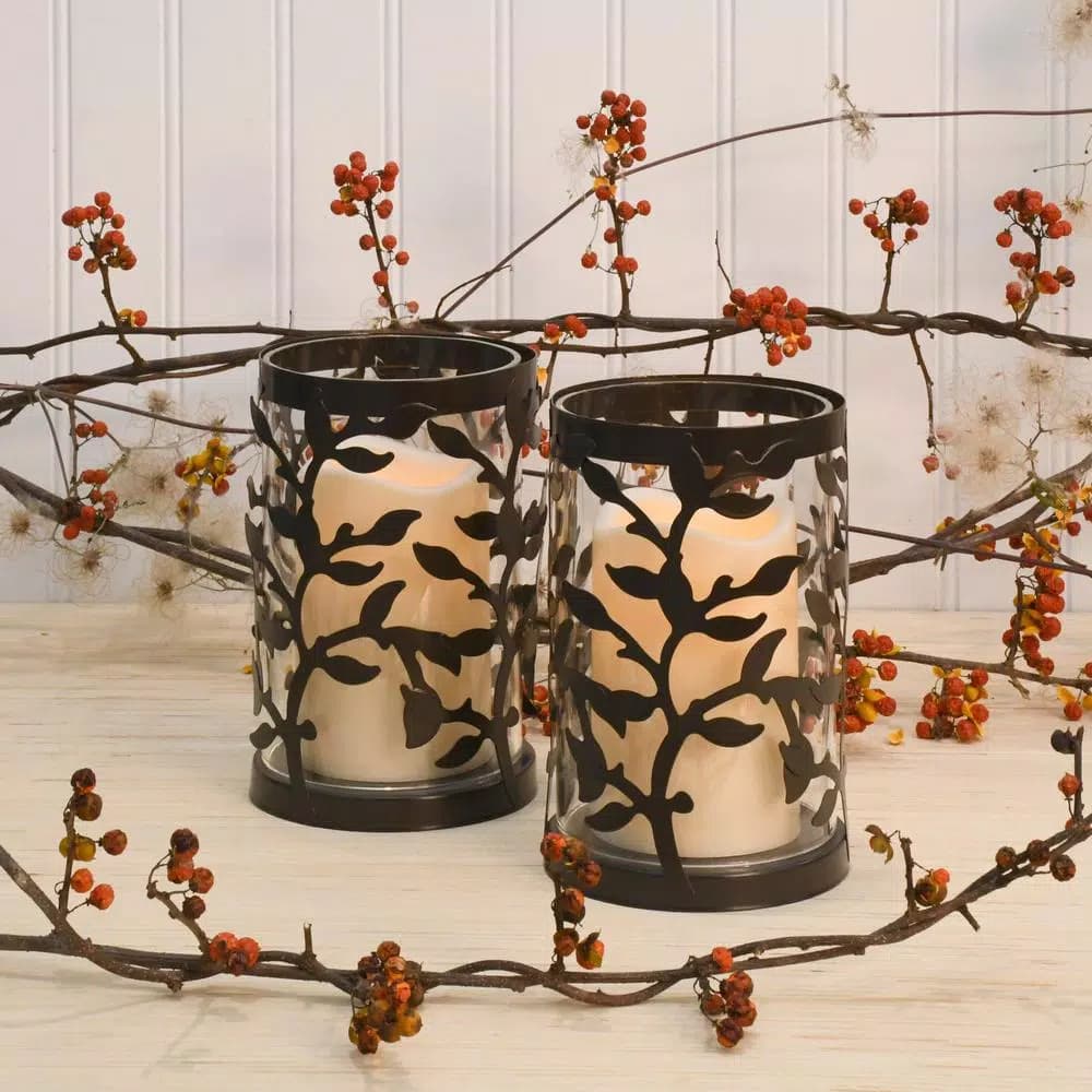 LUMABASE 6.5 in. Vine Metal and Glass Candle Holder Set with LED Pillar Candles (Set of 2)