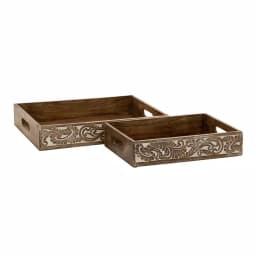 LITTON LANE Walnut Brown Vine and Leaf Decorative Wooden Trays, Set of 2 thumbnail 1
