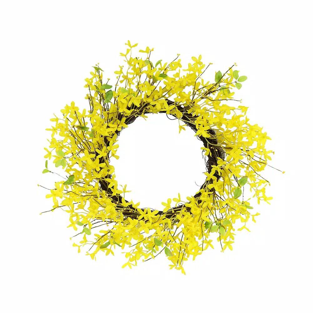 Puleo International 24 in. Artificial Yellow Jasmine Wreath with Green Leaves and Brown Twigs