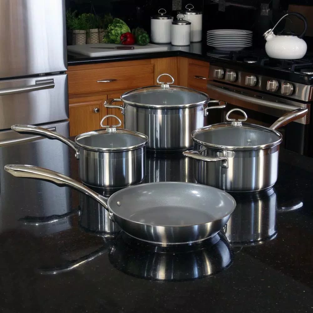 Chantal Induction 21 Steel 7-Piece Ceramic Nonstick Stainless Steel Cookware Set, Brushed Stainless Steel