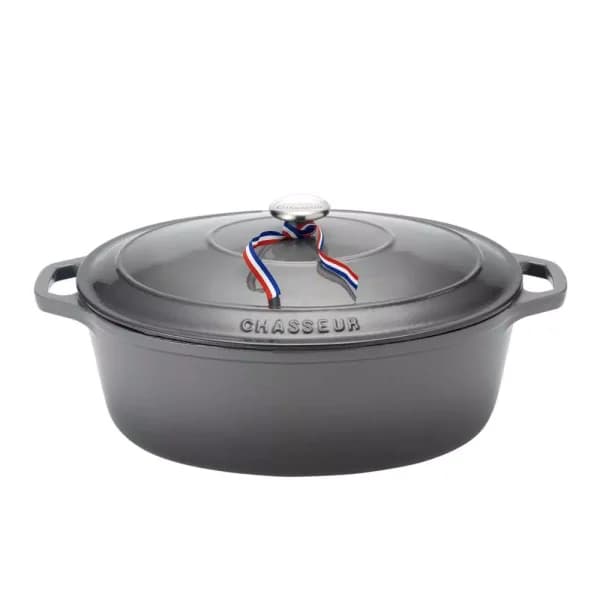 Chasseur 6 qt. Oval Enameled Cast Iron Dutch Oven with Lid, Caviar Grey