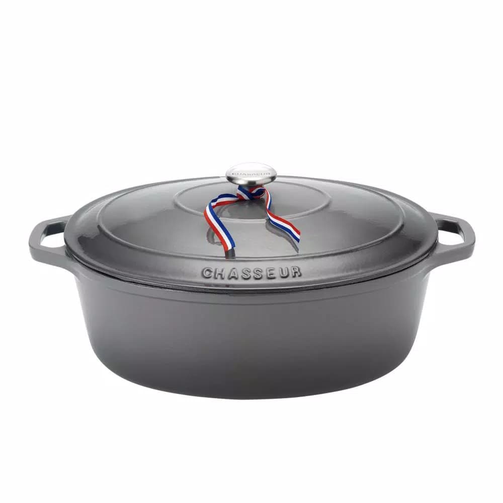 Chasseur 6 qt. Oval Enameled Cast Iron Dutch Oven with Lid, Caviar Grey