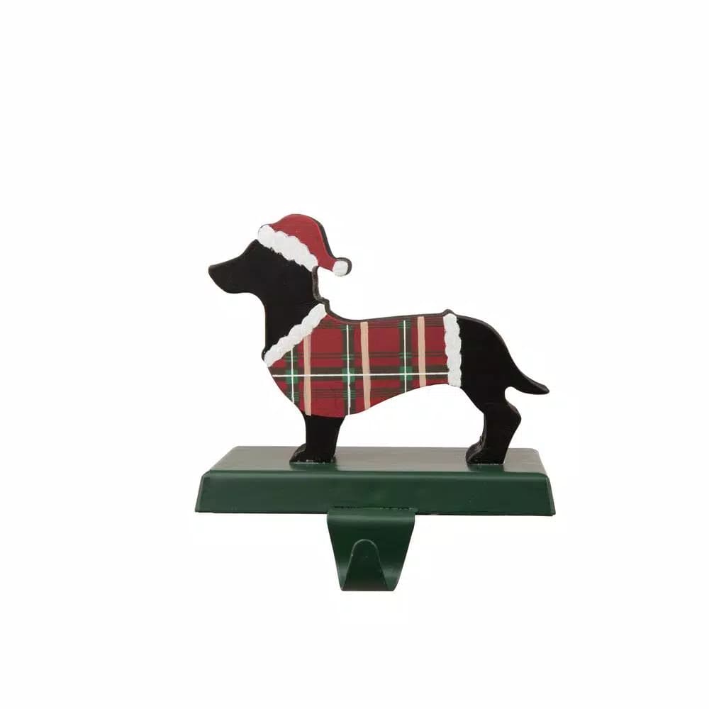 Glitzhome Dachshund Wooden and Metal Stocking Holder, Plaid Outfit & Santa Hat Holiday Decor