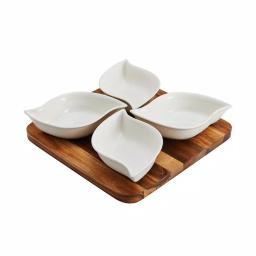 Pfaltzgraff 10 in. 5-Piece Acacia Wood Serving Tray with 4 White Ceramic Bowls thumbnail 1