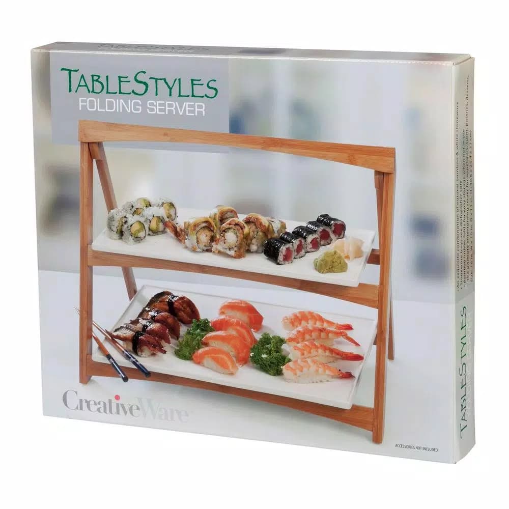 Unbranded CreativeWare TableStyles 2-Tiered Bamboo and Stoneware Folding Ladder Serving Set