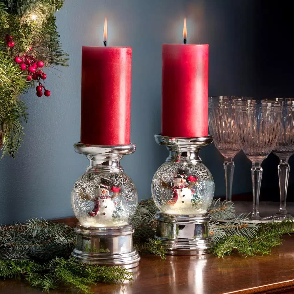 Haute Decor 7.5 in. Snowman and Cardinal Animated Snow Globe Candleholder with Silver Finish