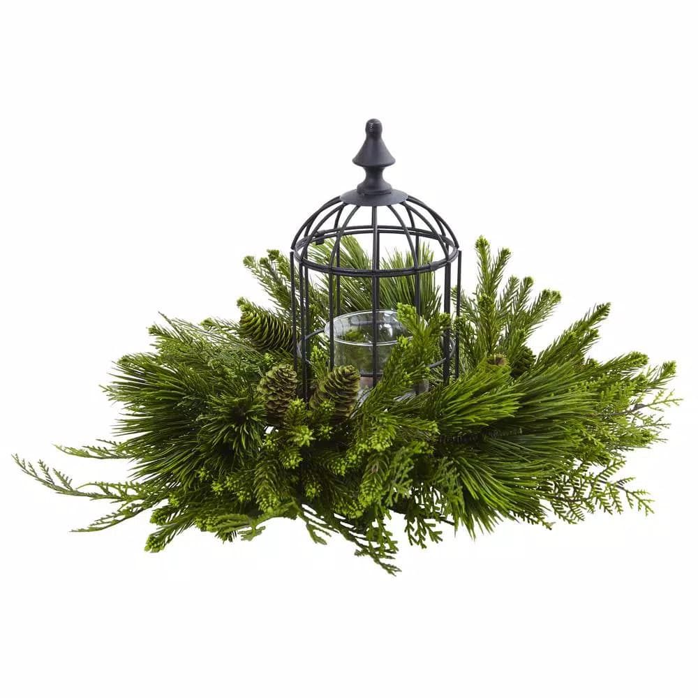 Nearly Natural Mixed Pine Birdcage Candelabrum with Glass Votive, 12.5 in.