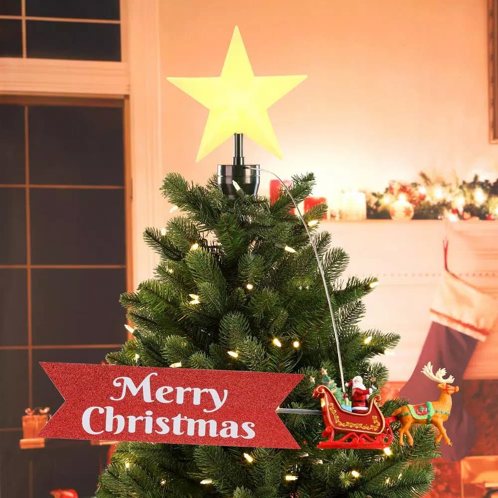 Mr. Christmas Santa's Sleigh Animated Tree Topper with LED Star and Merry Christmas Banner