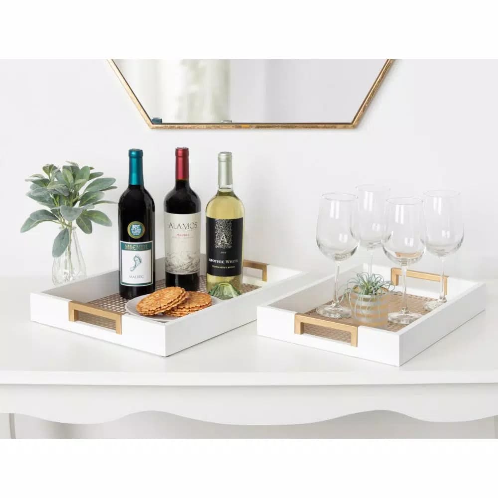 Kate and Laurel Hanneli White and Gold Decorative Tray Set of 2, Wood and Perforated Metal