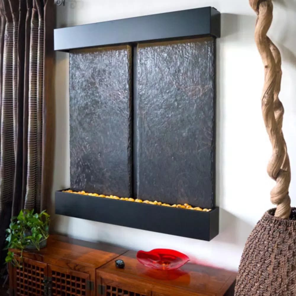 Water Wonders Nojoqui Falls Double Lightweight Slate Wall Fountain with Black Onyx Trim