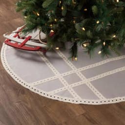 VHC Brands 55 in. Grey Margot Farmhouse Christmas Tree Skirt with Diamond Lace and Chambray thumbnail 4
