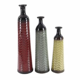 LITTON LANE Chevron Set of 3 Metal Decorative Floor Vases - Rustic Tin in Red, Brown, and Green thumbnail 3
