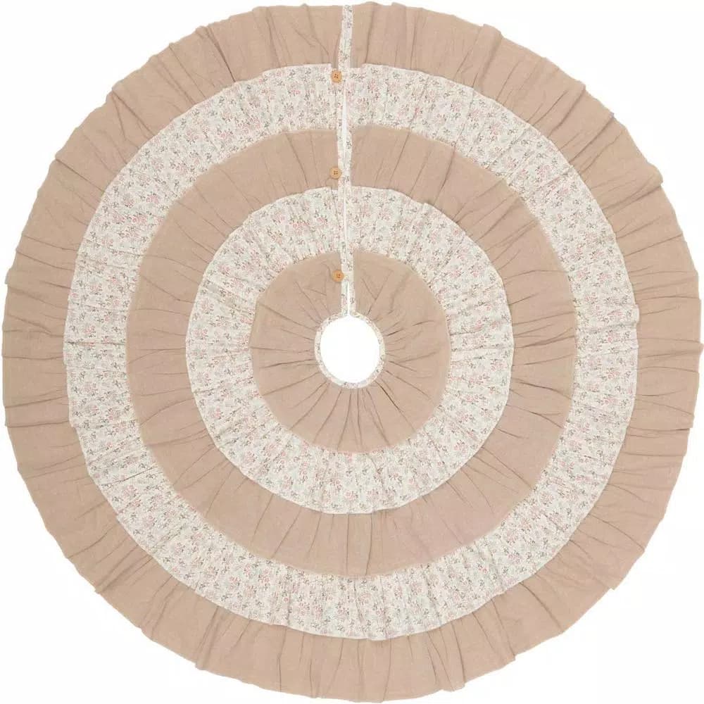 VHC Brands 55 in. Carol Khaki Tan & Winter Floral Ruffled Farmhouse Christmas Tree Skirt